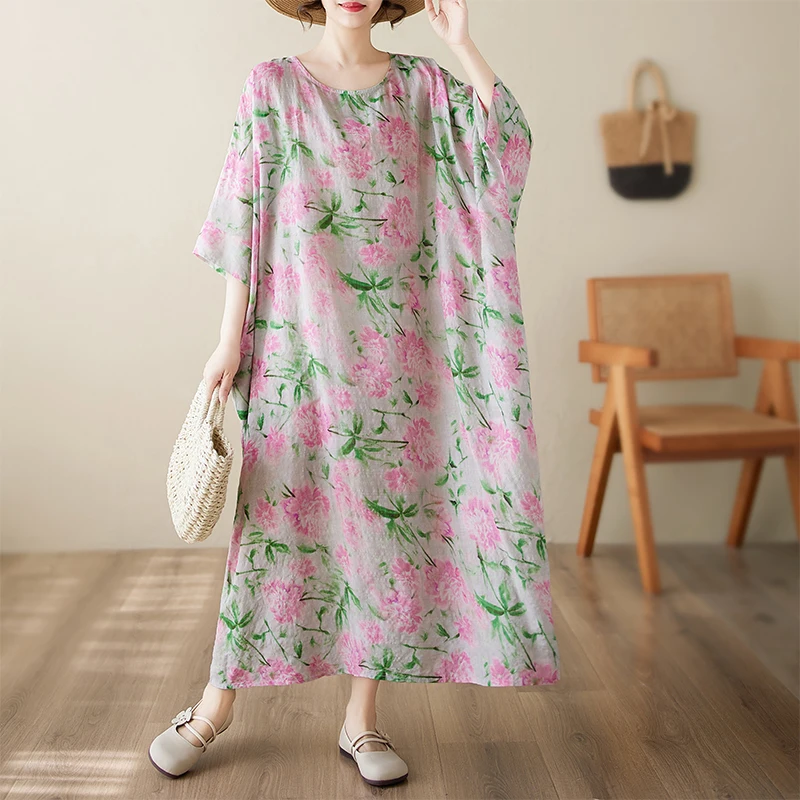 

Новое летнее свободное платье из хлопка и льна с круглым принтом Ne Svel Midi Dr для женщин среднего возраста, тонкая удобная юбка трапециевидной формы