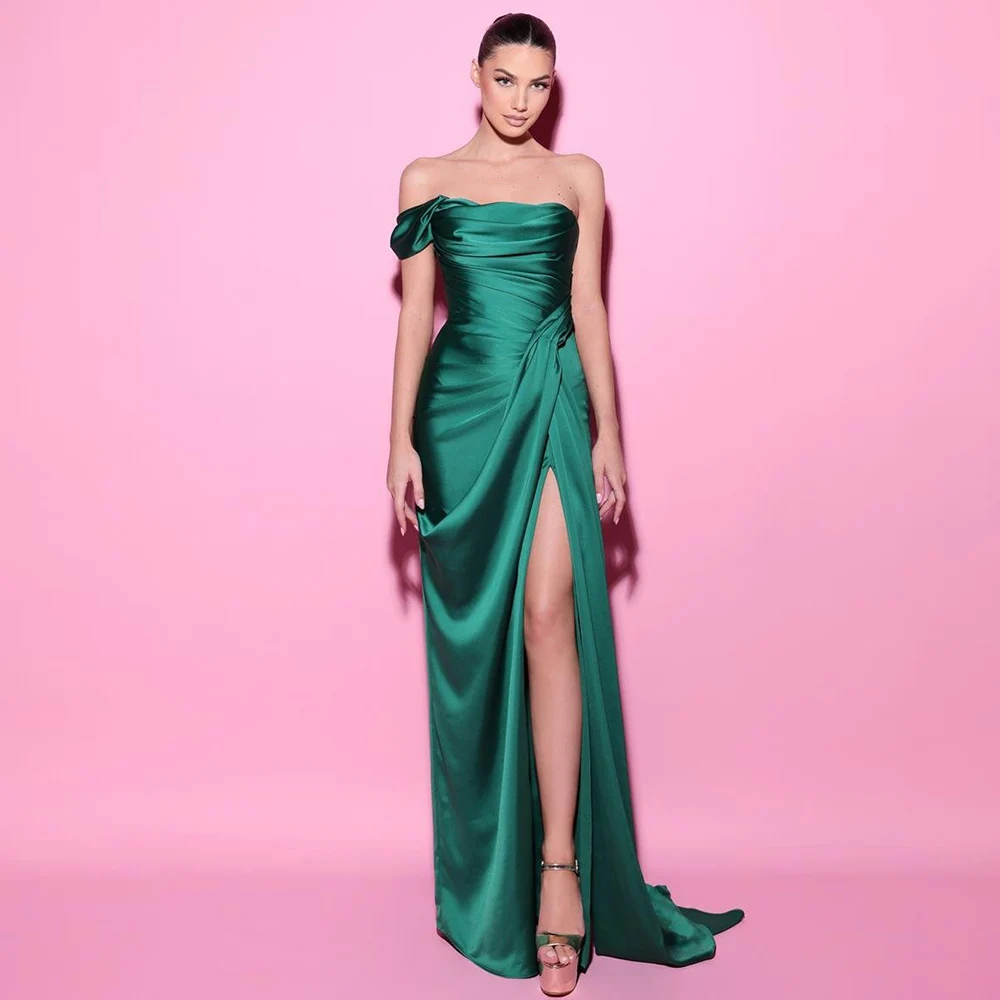 

Turquoise Dresses for Special Occasions Satin Sheath/Column Valentine's Day Dress Off-the-shoulder Pleat Split Party Gown Long