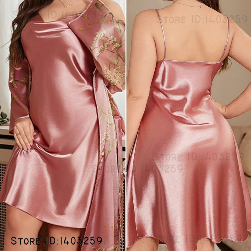 

Large Size 5XL Female 2PCS Robe Set Pajama Suspender Nightgown Print Cherry Long Kimono Bathrobe Gown Loose Sleepwear Homewear