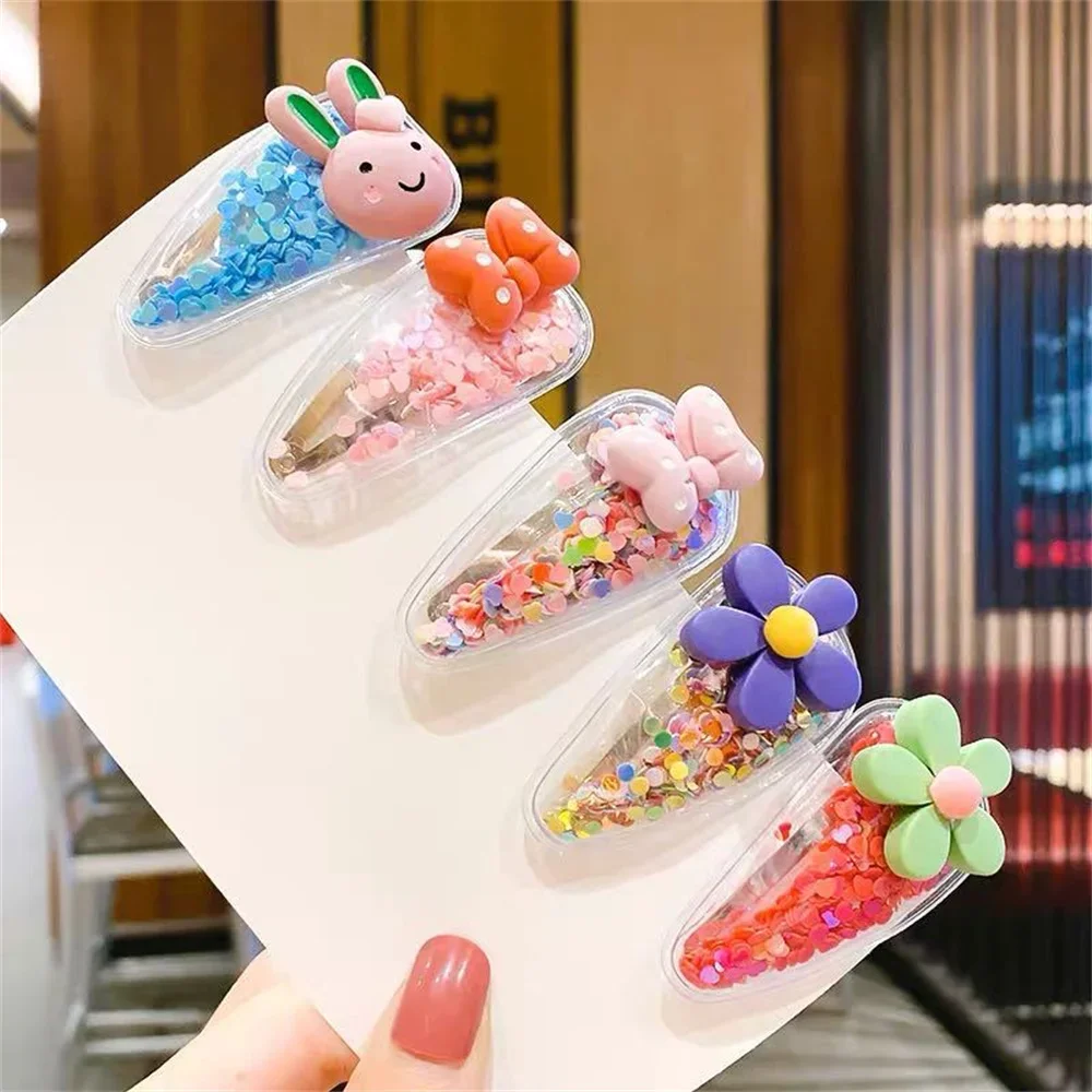 5pcs Baby Colorful Quicksand Hairpins Cute Cartoon Rainbow Fruit Rabbit Flower Hair Clip for Children Girls Bangs Side Barrettes