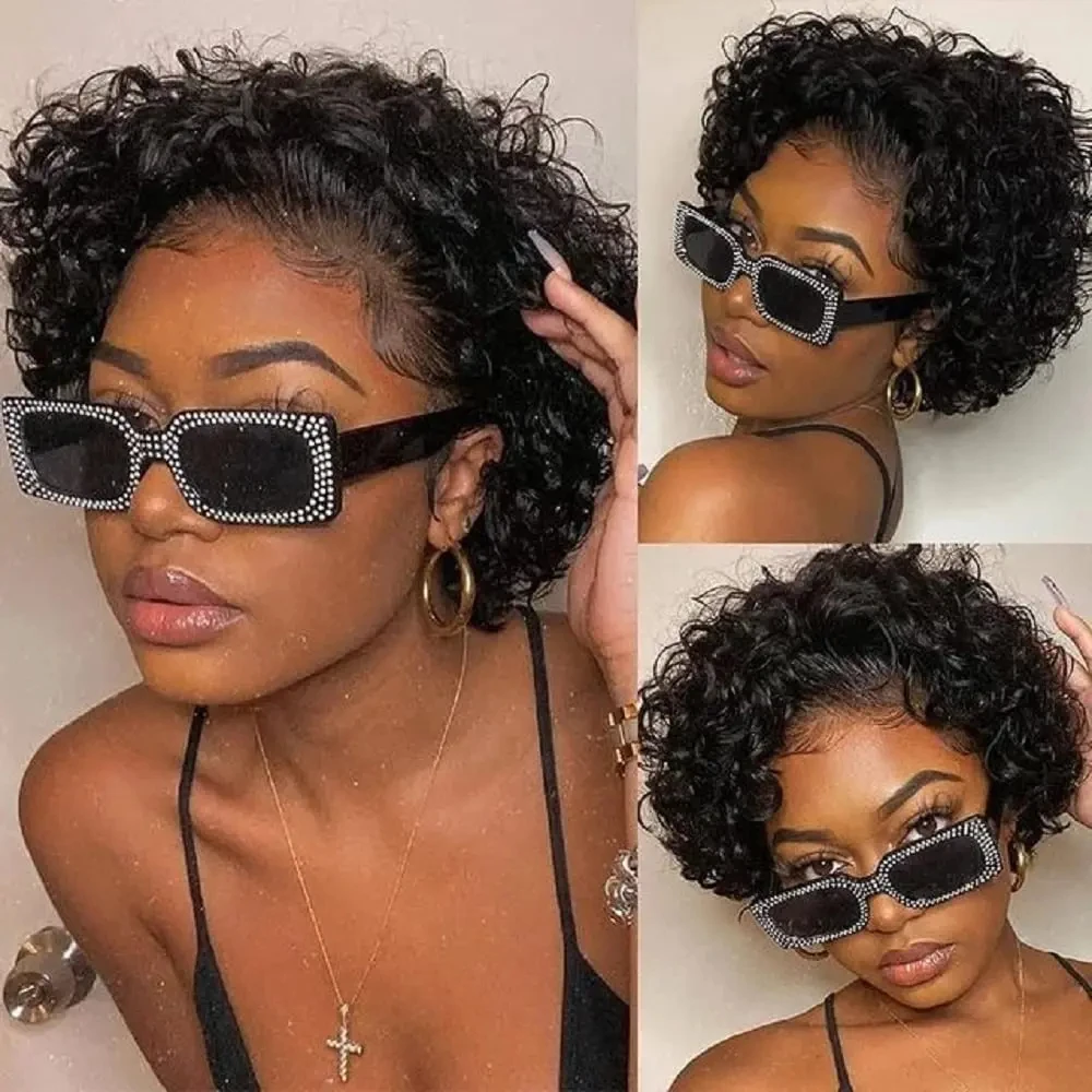 Short Pixie Cut Afro Kinky Curly Wigs Human Hair Brazilian Hair 13x4 Jerry Curly Short Bob Wig Swiss Lace Front Human Hair Wig