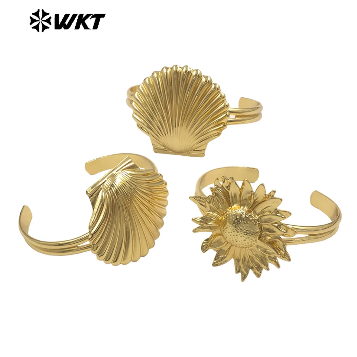 WT-B710 Vivid Fan-Shaped Shell And Sunflower Design Yellow Brass Charms Fine Cuff Bangle For Women Gifts Accessory