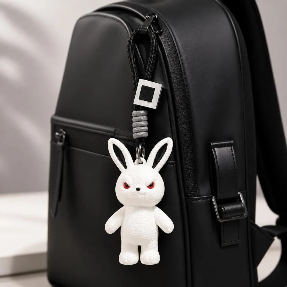 Black White Plush Keychain Soft Plush Lightweight Rabbit Keychain Spooky Facial Design Sturdy Hanging Ring Doll Charm Backpack