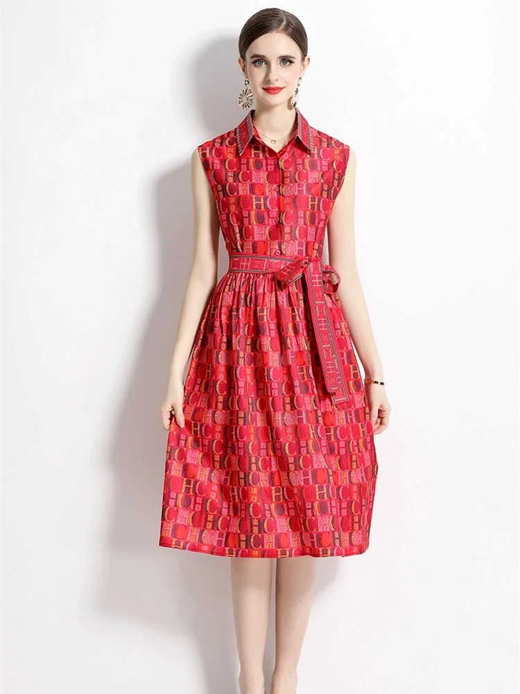 2023 New Runway Fashion Letter Print Shirt Dress Women's Sleeveless Single Breasted Bow Tie Lace Up A Line Midi Vestidos