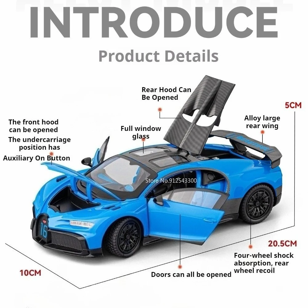 1:24 Bugatti Chiron Sports Car Alloy Diecast Miniature Toy Model Shock Absorption Pull Back Doors Opened Vehices Perfect Present