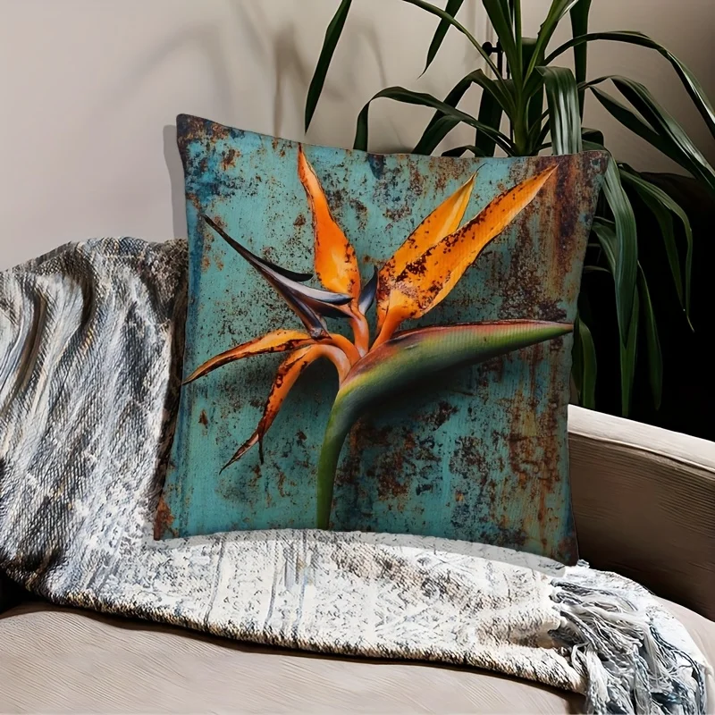Rustic Bird of Paradise Throw Pillow Cover Vintage Industrial Style Floral Print Decorative Cushion Cover for Boho Home Decor