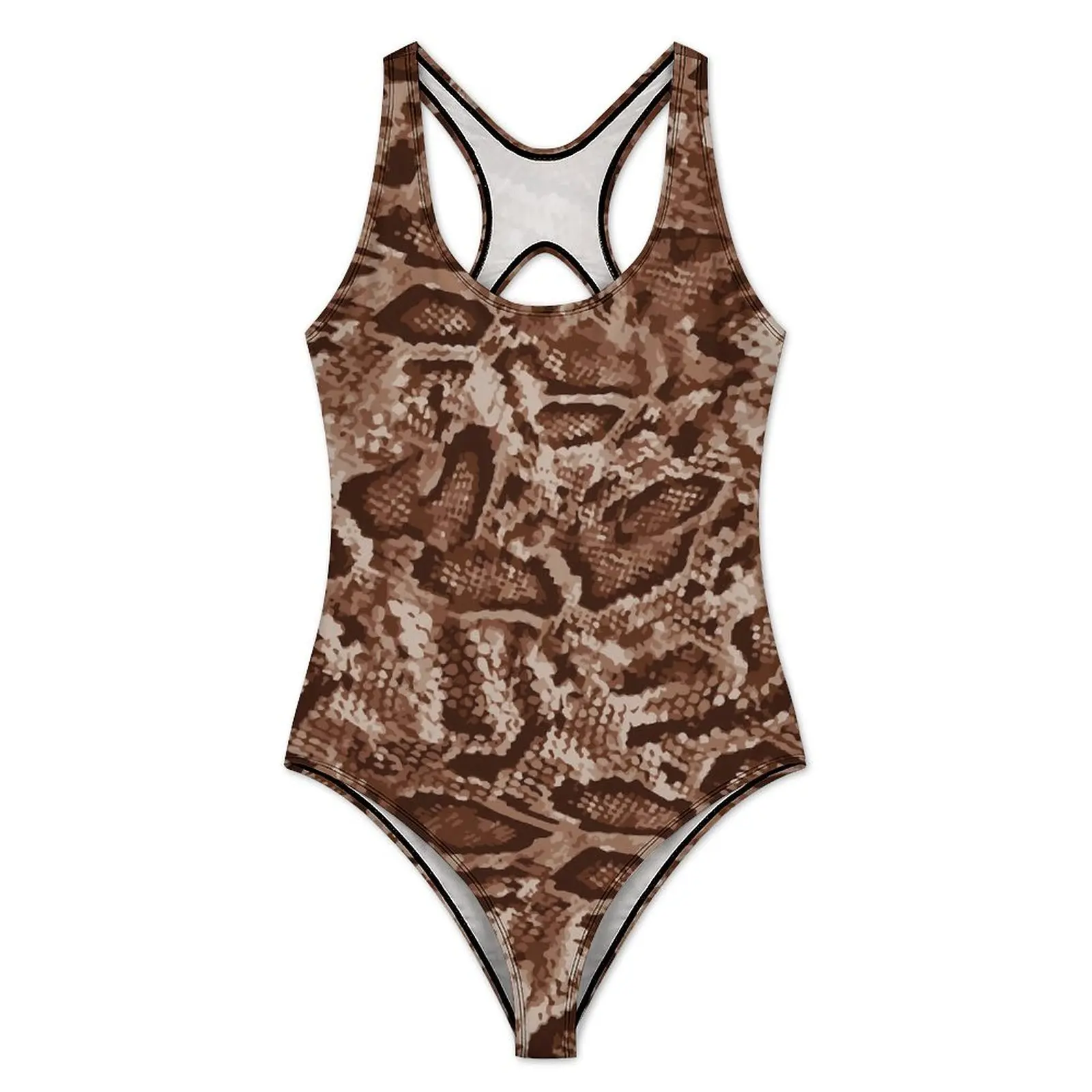 Abstract Snakeskin Swimsuit Sexy Brown Skin Print Woman Swimwear One-Piece Stylish Bodysuit Holiday Push Up Sleeveless Beachwear