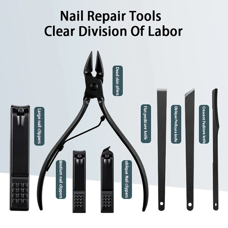 Juego de 7 piezas de color negro y rojo, kit de manicura profesional, cortaúñas de acero inoxidable con estuche portátil de cuero