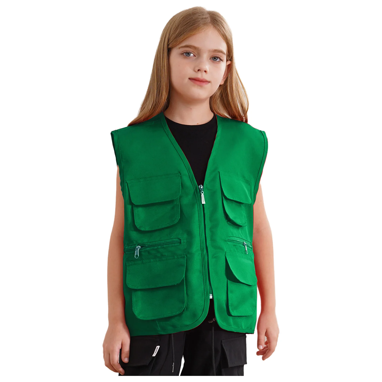 Boys Girls Multi-Pocket School Work Wear Zipper Jacket Tops Waistcoat School Volunteer Activity Safety Vests Uniform Coats