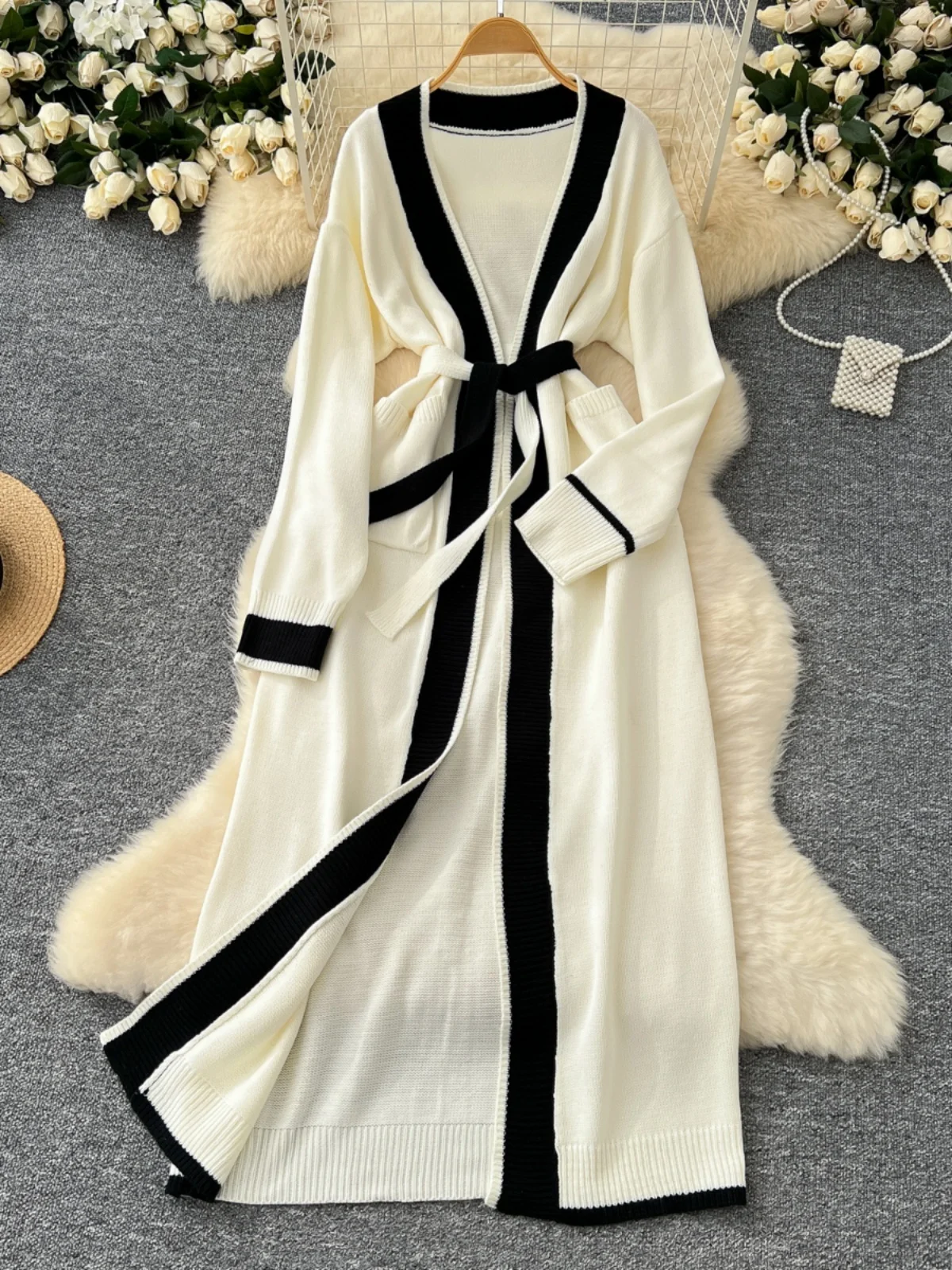 Laid-ba Chic Belted Waist Midi Sweater Jaet Women's Autumn Winter Faion Color Blo Loose Knitted Open Cardigan