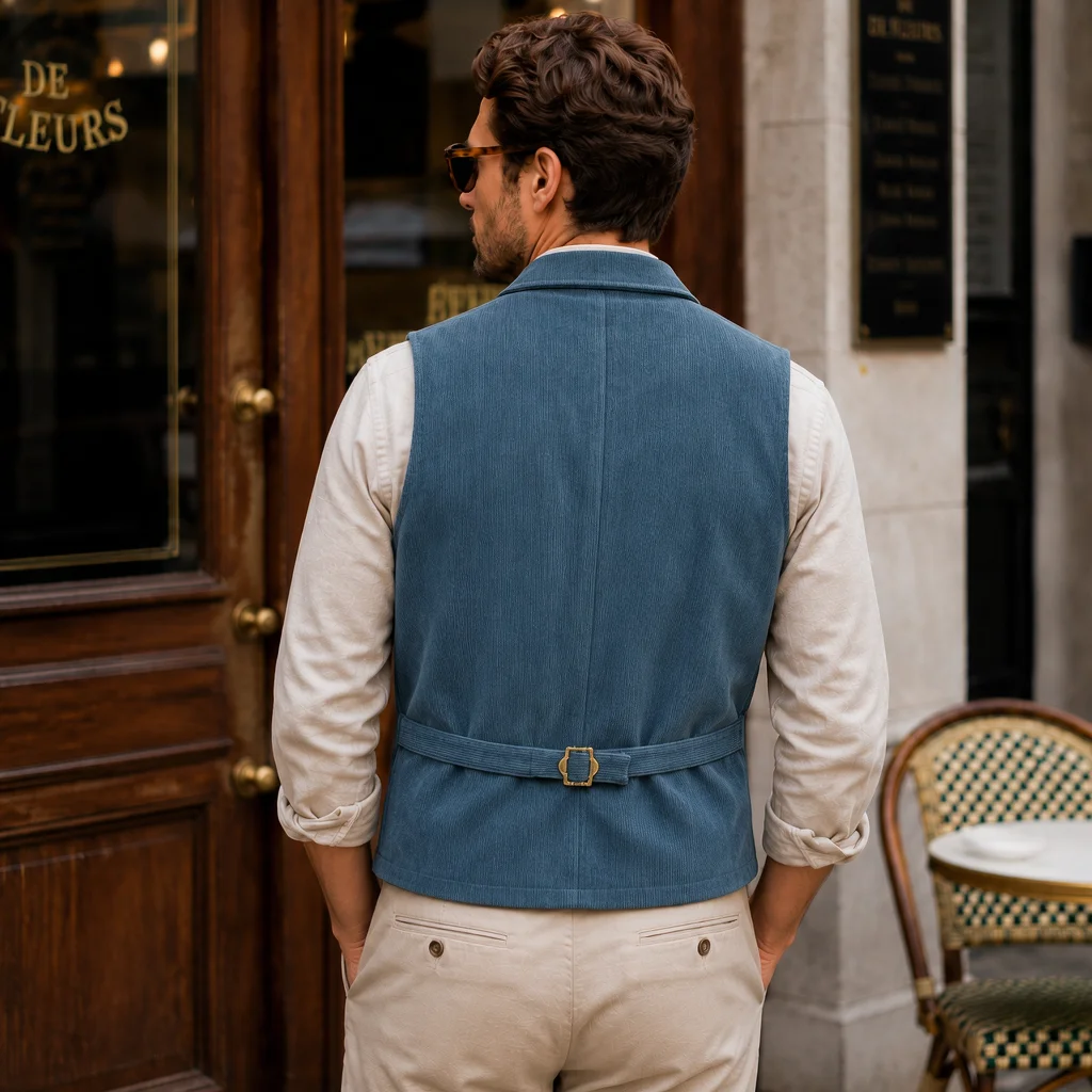 Herren Vintage Cord-Anzugweste mit Revers, Verstellbarem Rückengurt, Ärmellos, Business-Casual-Gilet mit Mehreren Taschen – Detail 14