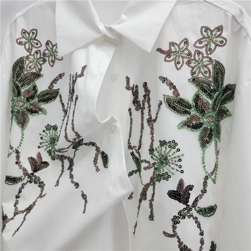 HKSH Primavera Autunno Nuove donne Camicia in rilievo con paillettes Colletto rovesciato Maniche lunghe Monopetto Chic Camicetta Casual Top HK16486