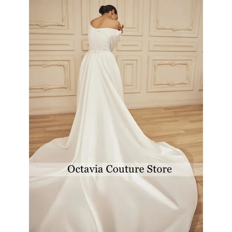 Ivory Wedding Dress Customized Elegant Square Neck Full Sleeves Beading Lace Belt Court Train Satin Bridal Gown for Woman