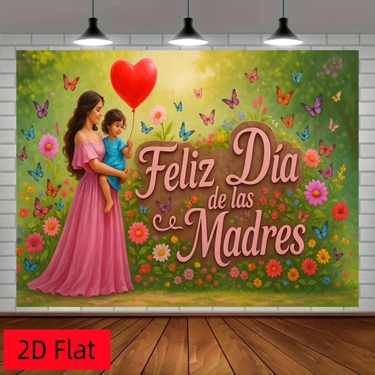 مسطح ثنائي الأبعاد، قطعة واحدة من خلفية عيد الأم الإسبانية - خلفية تصوير على شكل فراشة زهرية مع نص "Feliz Dia de las Madres"، وردي F #2