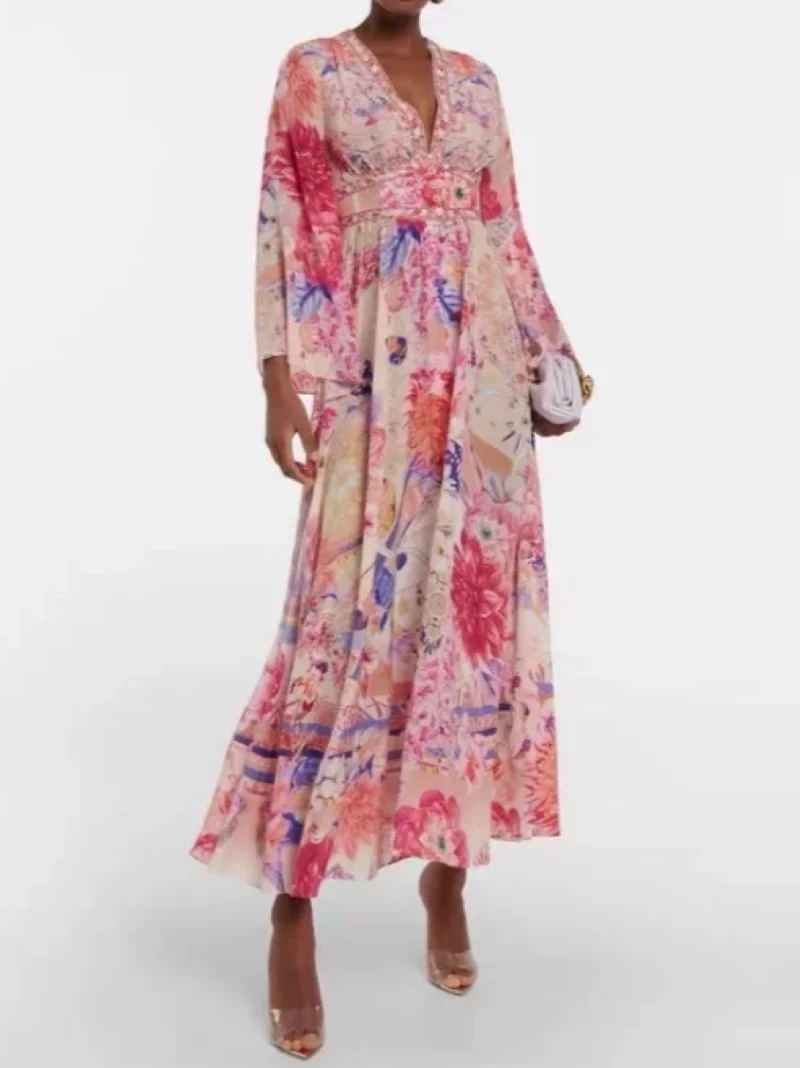 

Women Pink Robe Floral Print Flare Sleeve V-Neck Holiday Female 100% Silk Long Dress
