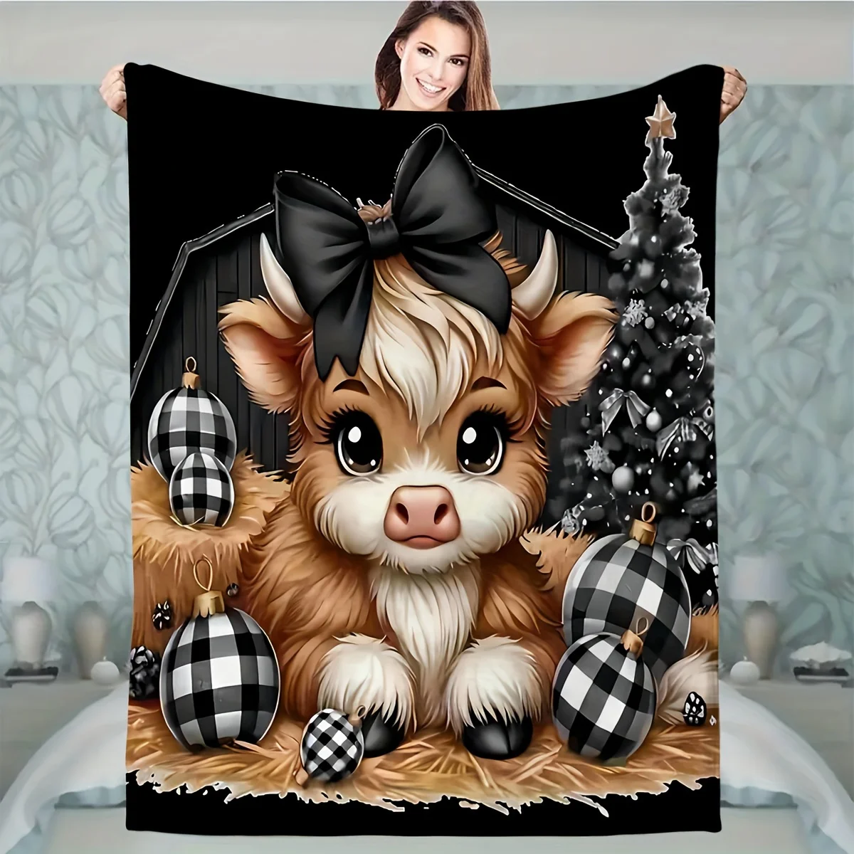 Cozy All-Season Flannel Throw Blanket with Cute Cow Print - Soft, Warm & Versatile for Sofa, Bed, Car, Office, and Camping