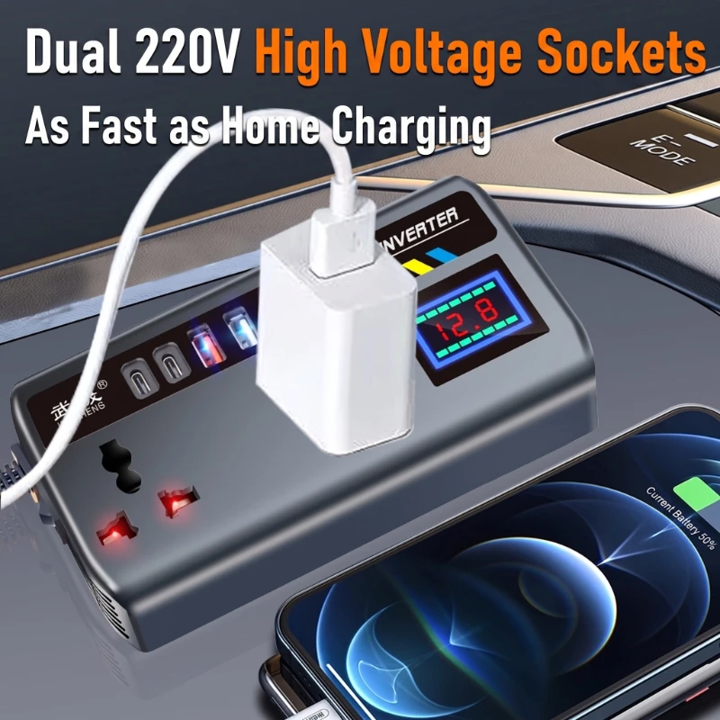 Colorful Flow Light Digital Display Car Truck 12V 24V 220V Inverter Converter Charging Cigarette Lighter Dual USB-A/C Ports