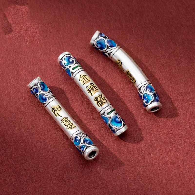 1pc 999 Pure Silver Chinese Magic Wand Round Tube Beads 40x6mm Hand-painted Fine S999 Spacer Fit Necklace Bracelets DIY Jewelry