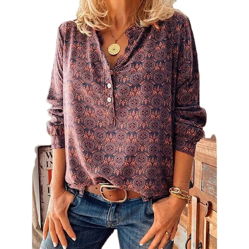 Stampa retrò delle nuove donne estive Stand up Long Sve irt Commute Sle round Ne T-irt Regular Sve Lunghezza Slim Fit