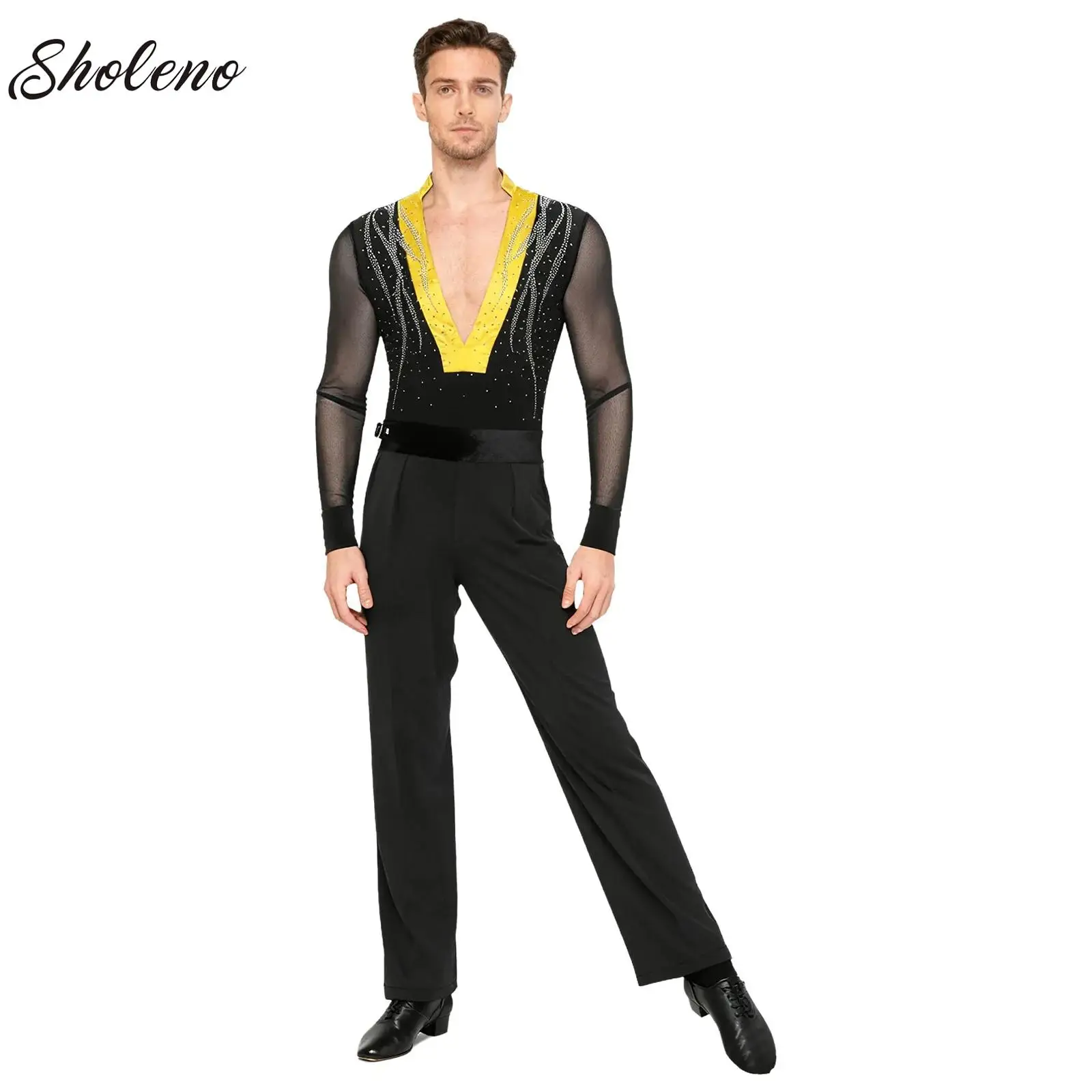 

Men Latin Dance Shirts New Long Sleeve Ballet Dance Leotard Ballroom Tango Rumba Gymnastics Bodysuit and Long Pants Dancewear