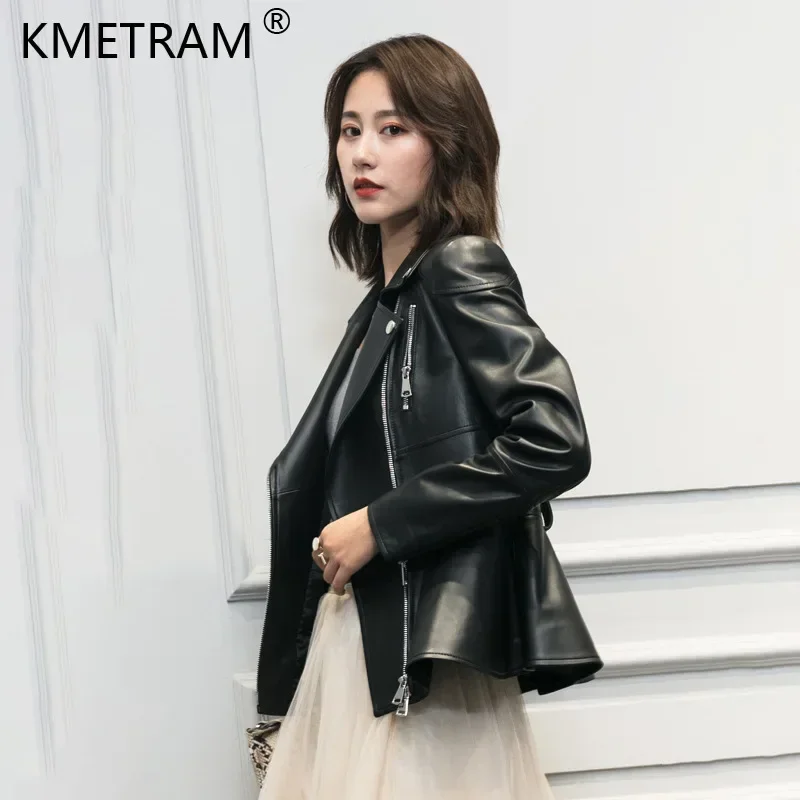 2024 New Fashion Genuine Sheepskin Jacket Women Elegant Short Leather Jackets Woman Real Leather Coat Skirt Shape Jaqueta Couro