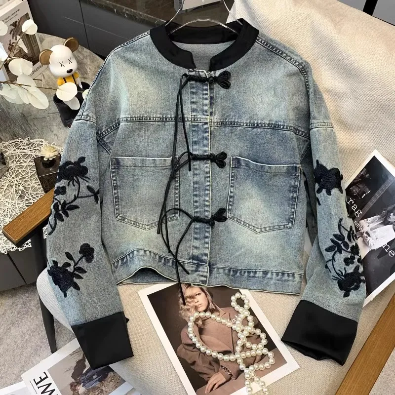 

Baby Girl Top 2024 New New Chinese Style Blouse Foreign Style Embroidery Fashion Comfort Casual Children Denim Jacket Girls