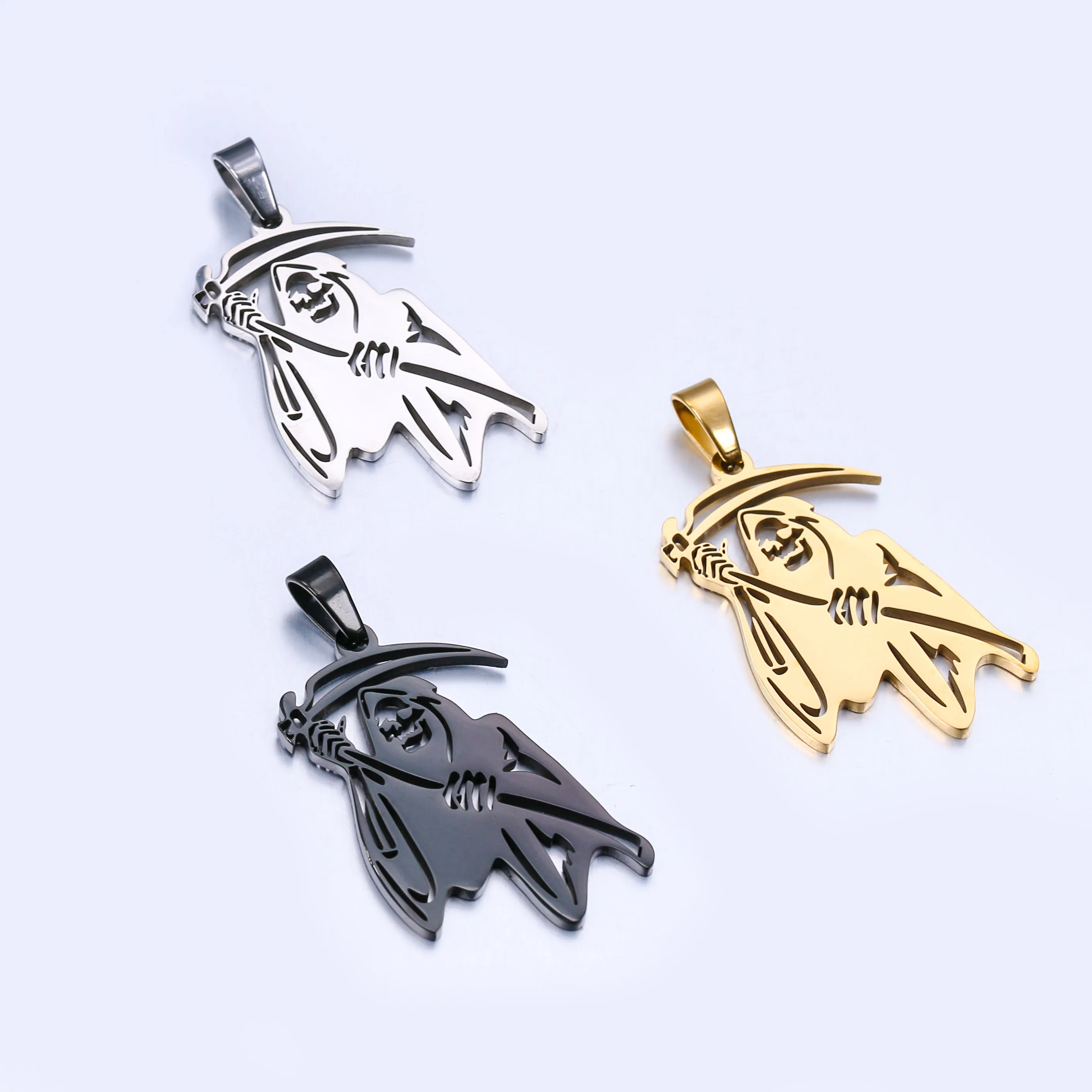 Stainless Steel Skull Pendant Death Grim Reaper With Scythe Charms DIY HipHop Cool Men Necklace Halloween Jewelry Gift Wholesale