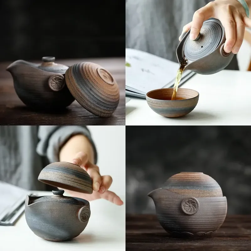 

【CHIMU HOME】 Creative Quick Cup Set for Japanese Style Coarse Pottery Outdoor Portable Travel Cup and Pot Gift Set with