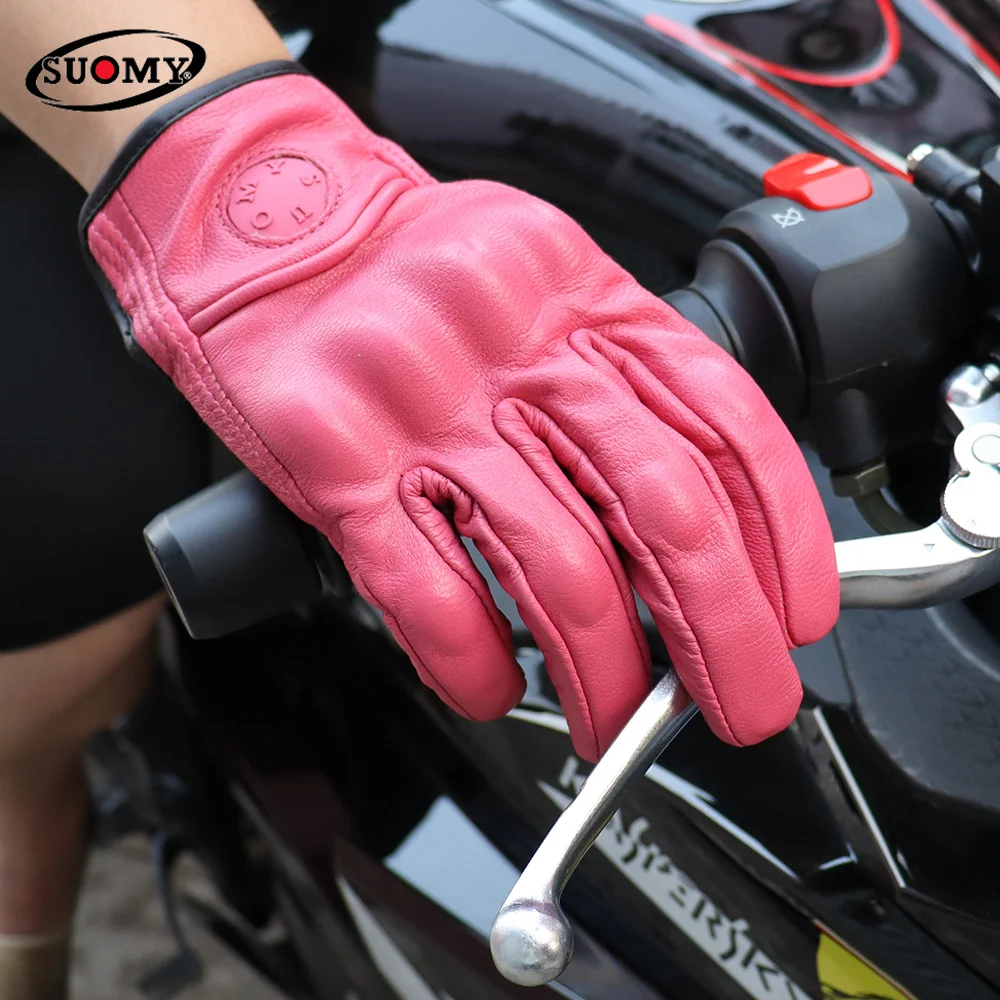 Suomy Women Pink Motorcycle Gloves Touch Screen Leather Electric Bike Glove Cycling Full Finger Motocross Luvas Da Motocicleta