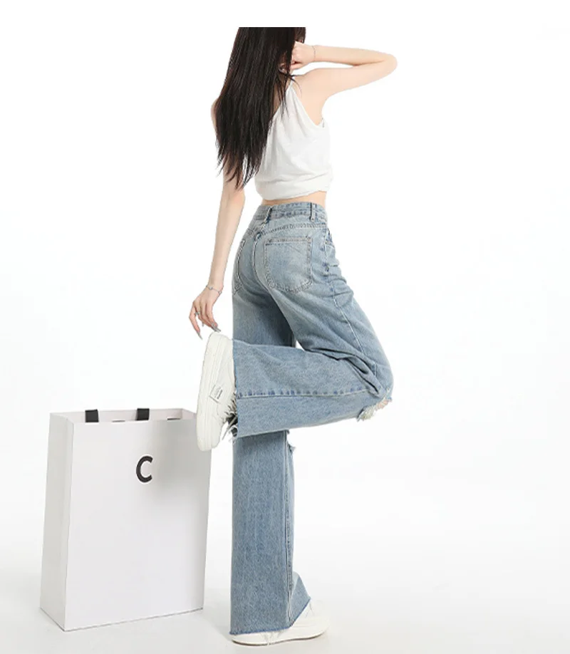 Simple ripped, raw edges, high waist and wide leg jeans, women's loose, meat-covered, lazy mop pants (regular)