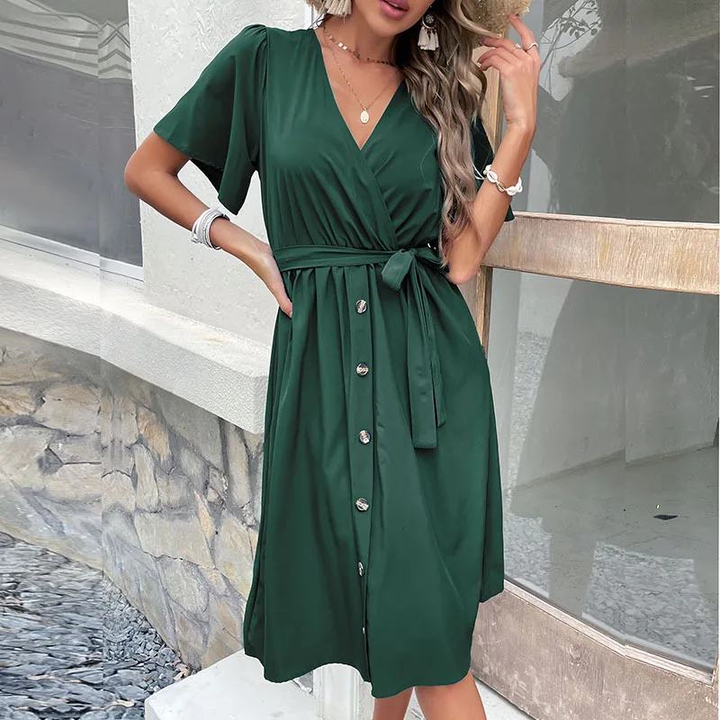 

Solid Green Flare Sleeve Women Summer A-line Pregnancy Dress Casual V-neck Sashes Midi Dress Elegant Retro Button Mujer Vestido