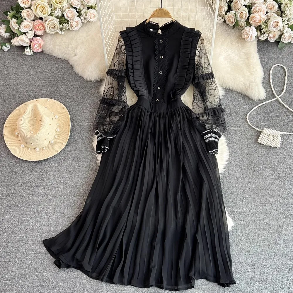 High Quaity Spring Black Stand Collar Pleated Dress For Women Ruffles Chiffon Patchwork Mesh Embroidery Long Sleeve Midi Vestido