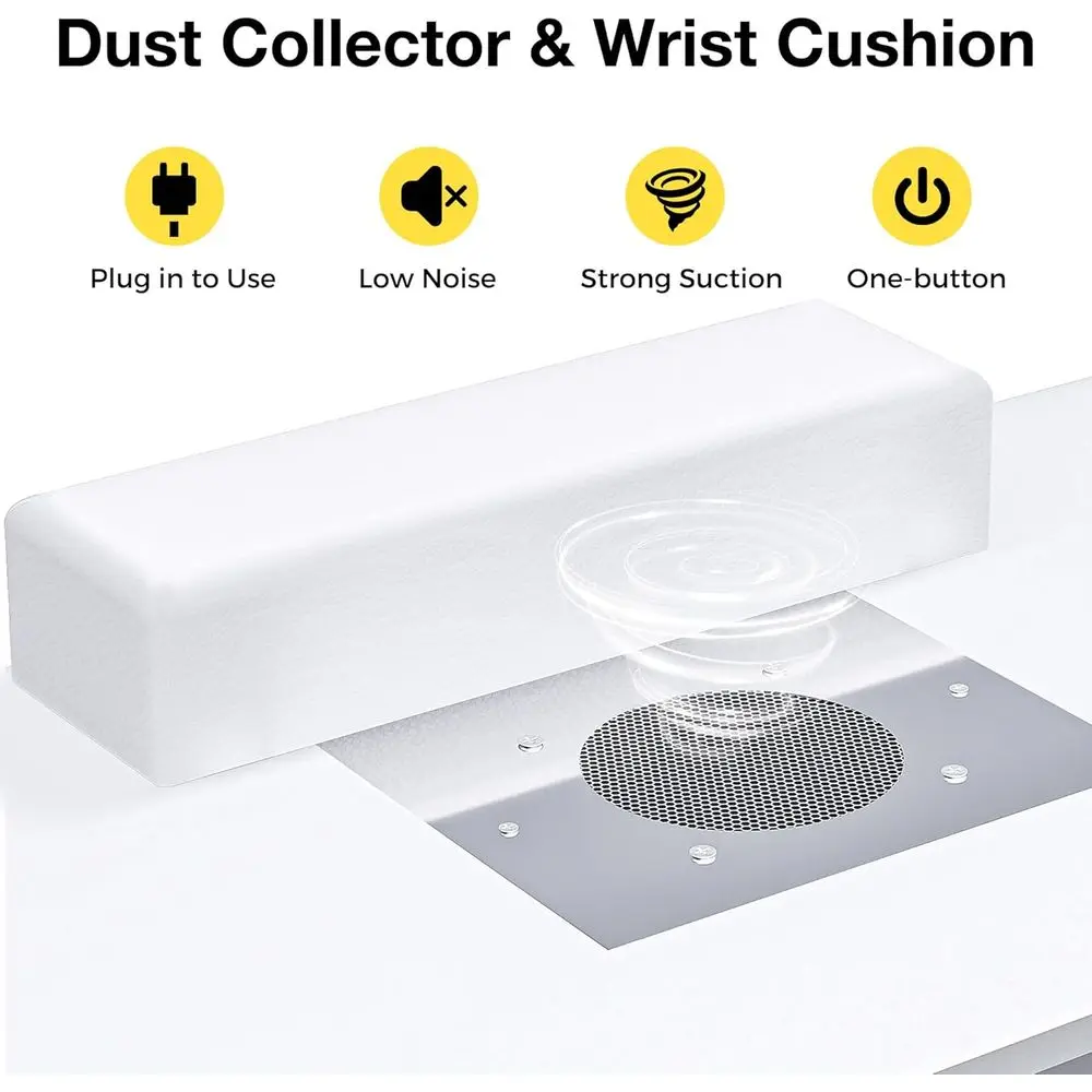 Escritorio para técnico de uñas iluminado por LED con recogida de polvo, estación de carga y soluciones de almacenamiento