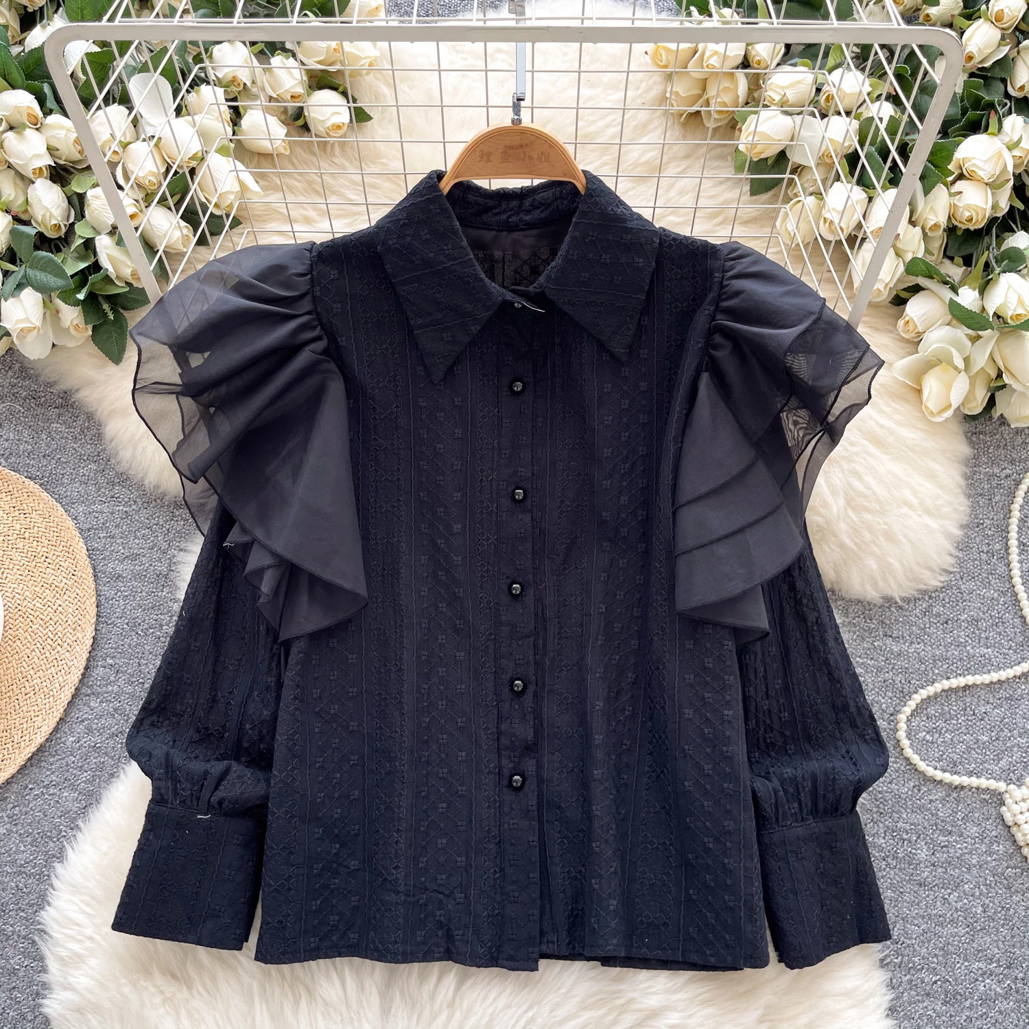 

French Hollowed Out Embroidery Chiffon Ruffle Edge Splicing Long Sleeved Shirt for Women Stylish Versatile Slimming Chic Top