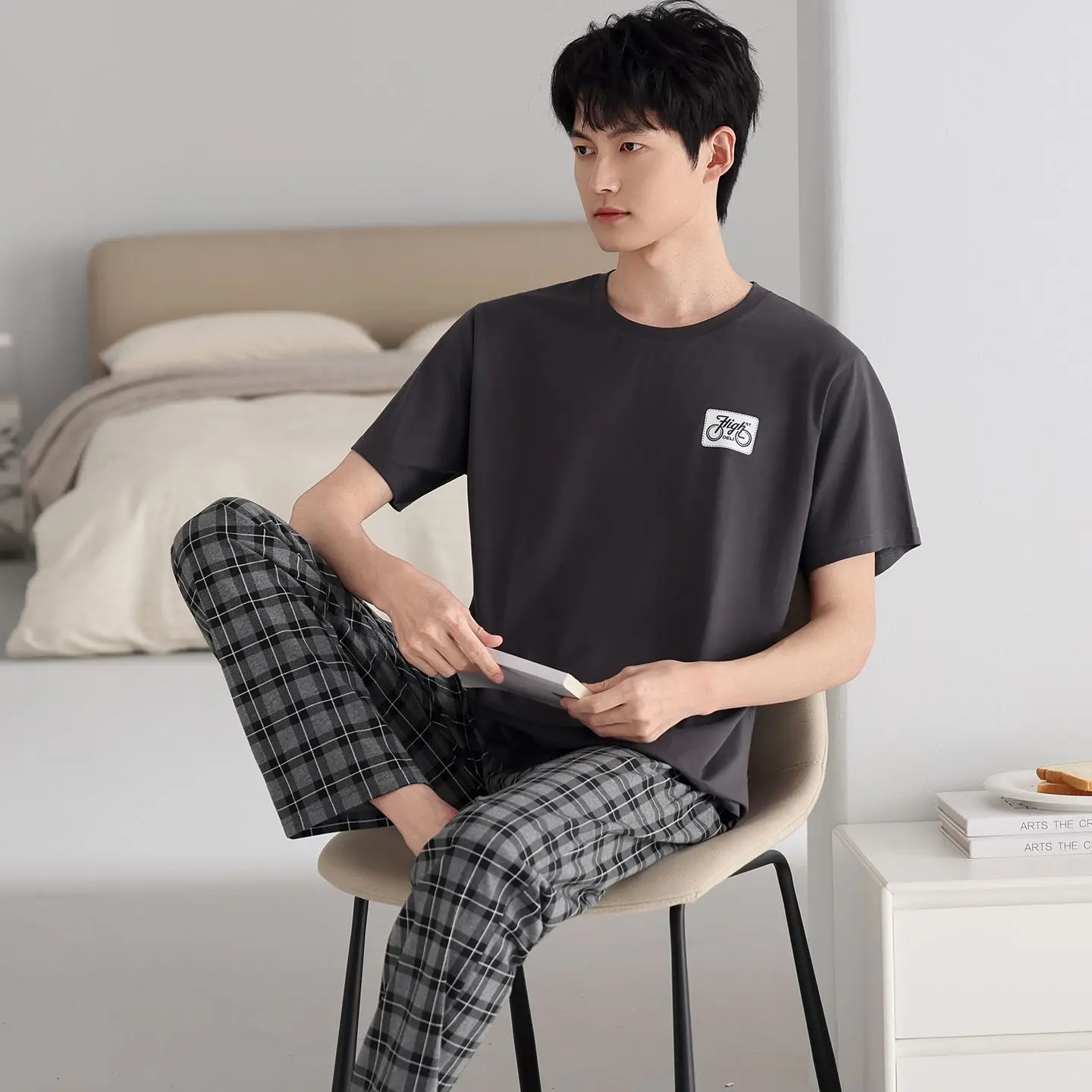 2026 Summer Plus Size  Short Sleeve Long Pants Modal Pajama Sets for Men Korean Casual Plaid Sleepwear Pyjama Homewear Clothes