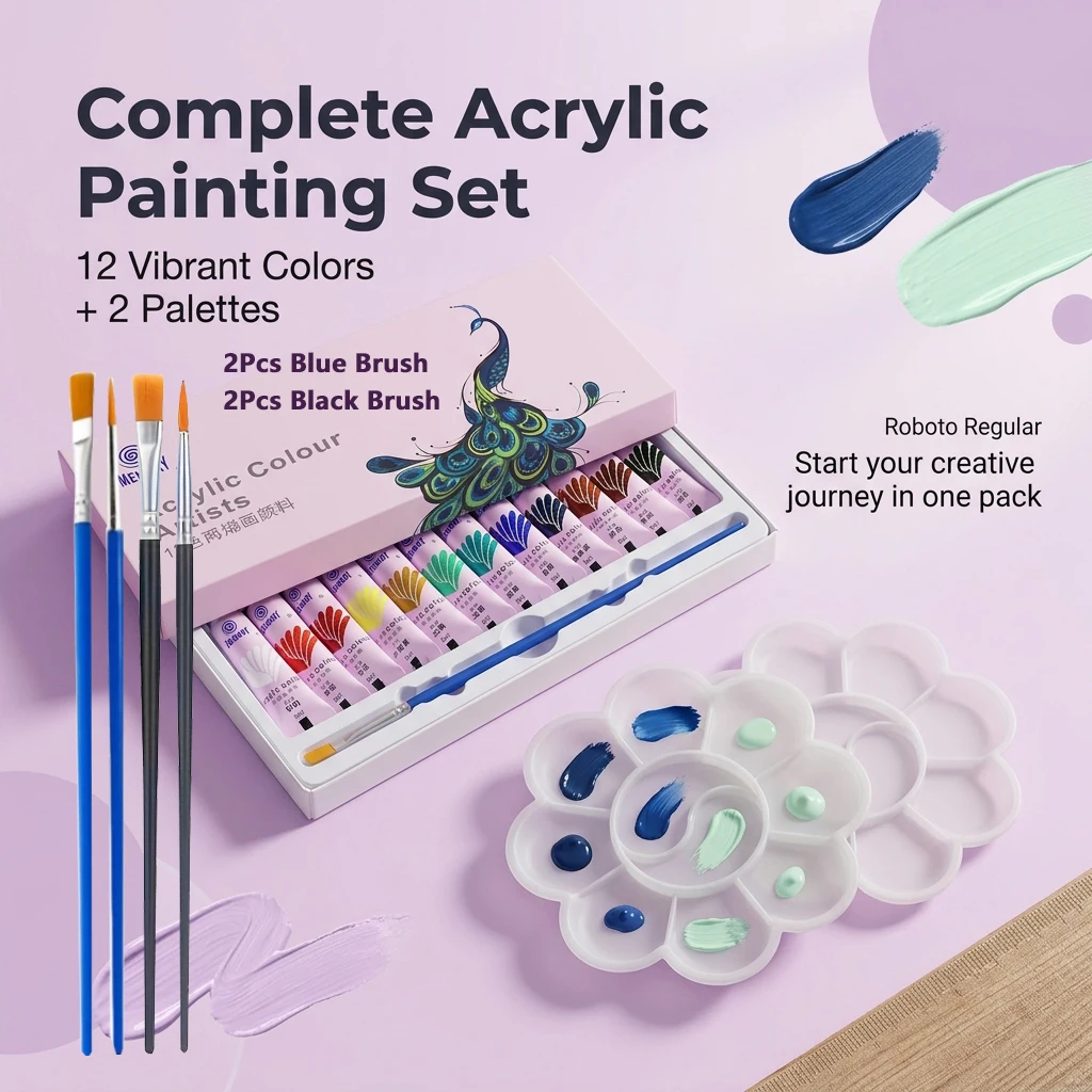 Acrylic Painting Kit 12/24 Colors 5ml Each with 2 Mixing Trays And 4 Oil Painting Brushes Set for Students to Create Artwork