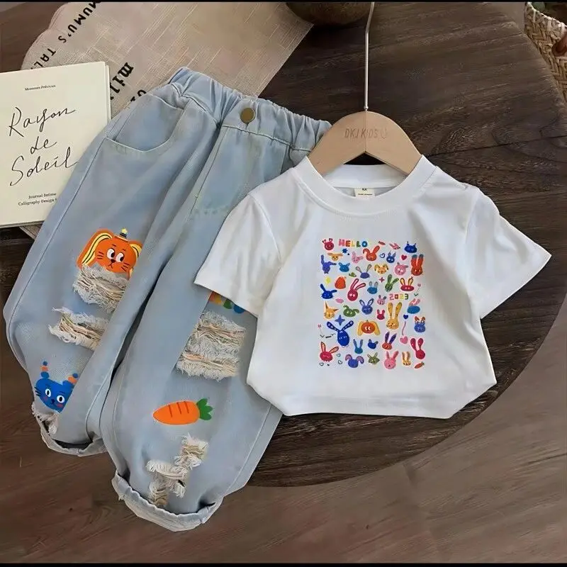 

Girls' Summer Set Spring/Summer New Style Children's Short sleeved Cotton T-shirt+ Ripped cropped pants 2-piece Set
