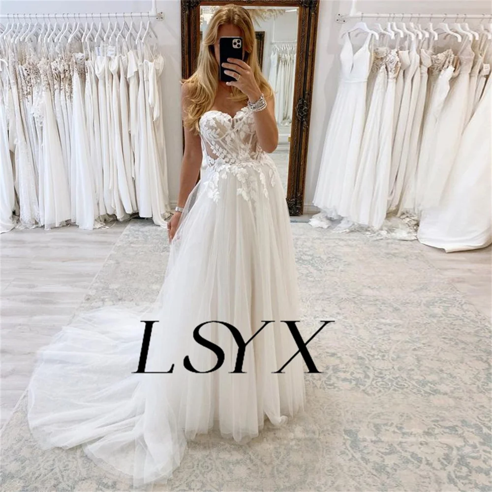 LSYX vestido de novia blanco de tul sin tirantes, apliques de línea a, ilusión trasera, tren de corte, hecho a medida