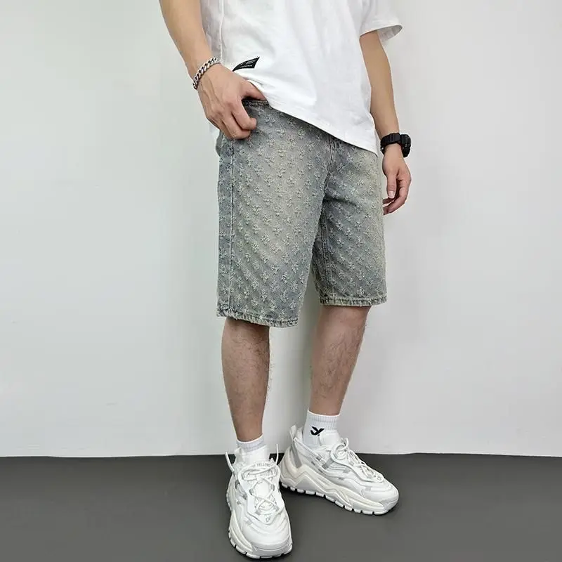 2025 New American High Street Jacquard Ripped Summer Loose Straight Retro Five-point Denim Shorts