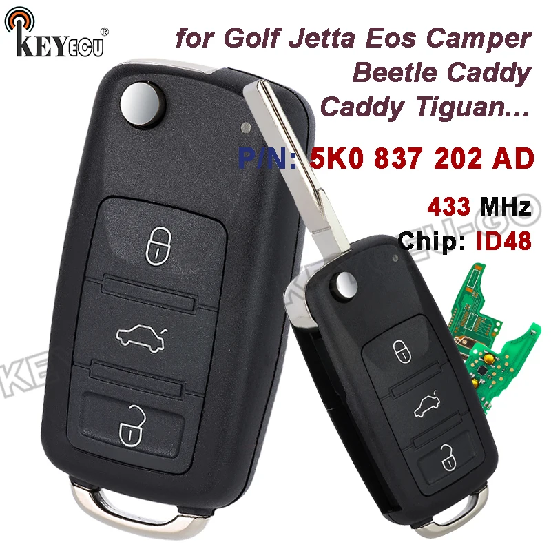 

Чип KEYECU 433 МГц ID48 P/N: 5K0 837 202 AD для Volkswagen Golf Jetta Eos Camper Beetle Caddy Caddy Tiguan Smart Remote Key Fob