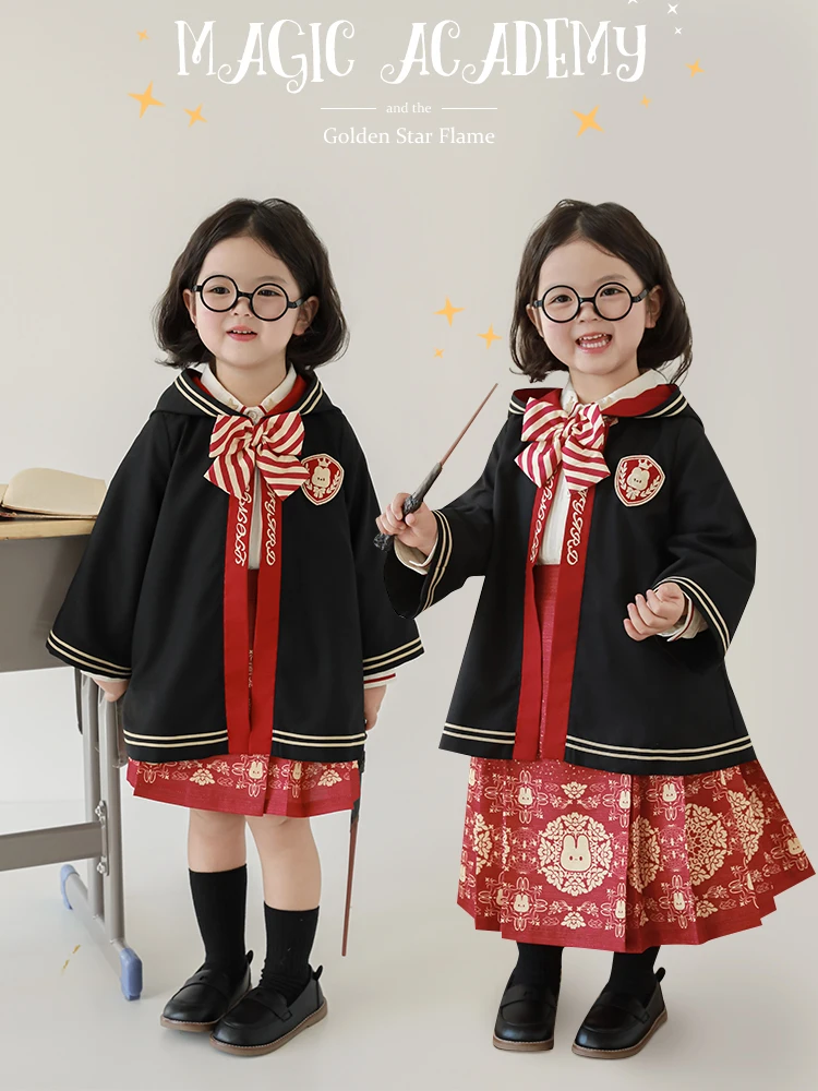 Girls' Spring Academy Style Set Shirt Embroidered Hooded Coat