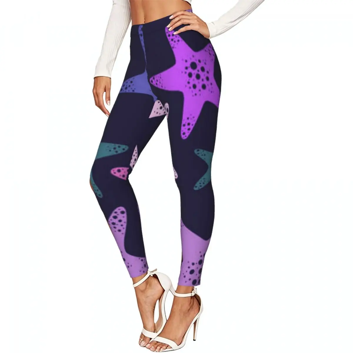 Women High Waist Elastic Leggings Ocean Sea Star Pattern Slim Fit Stretchy Pants Casual Wear