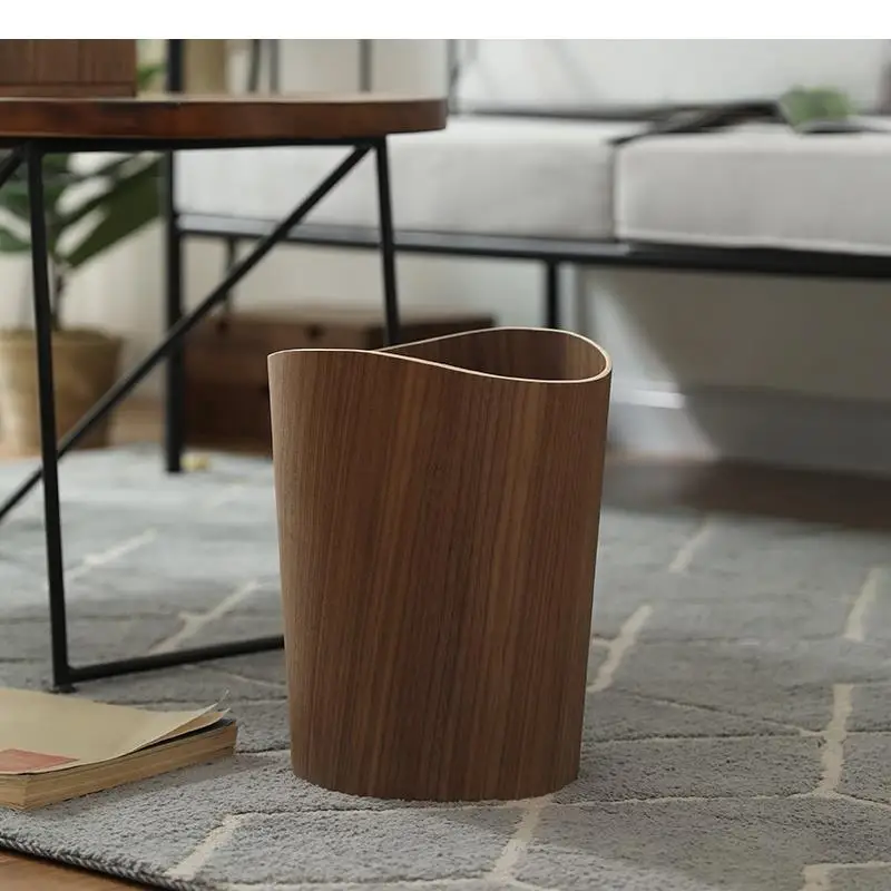 Swing Cover Wooden Trash Can Garbage Bin Wastebasket Round Shape Waste Bins Home Storage Bucket Kitchen