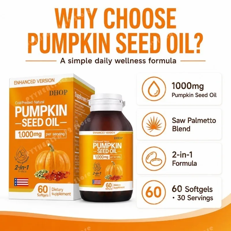 Pumpkin Seed Oil with Saw Palmetto Softgels, 1000mg Per Serving, Cold Pressed Daily Wellness Supplement, 60 Count for Adults