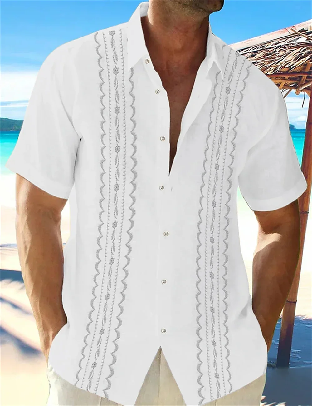 

Men's light striped decorative short-sleeved shirt 3D printed lapel buttons Business simple and fashionable Hawaiian vacation
