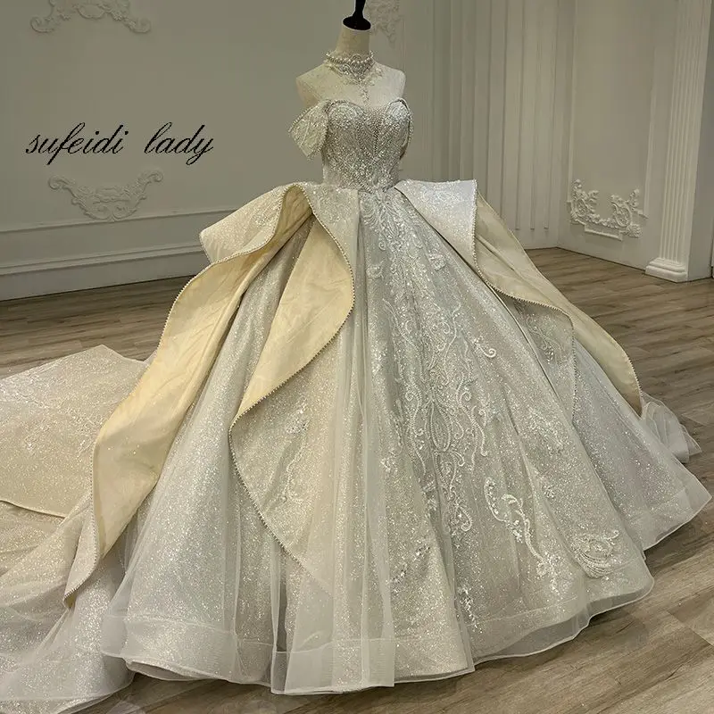 Strapless Wedding Dresses 2022 Full Sparkly Beading Backless Court Train Appliques Detachable Train Princess Bridal Gown