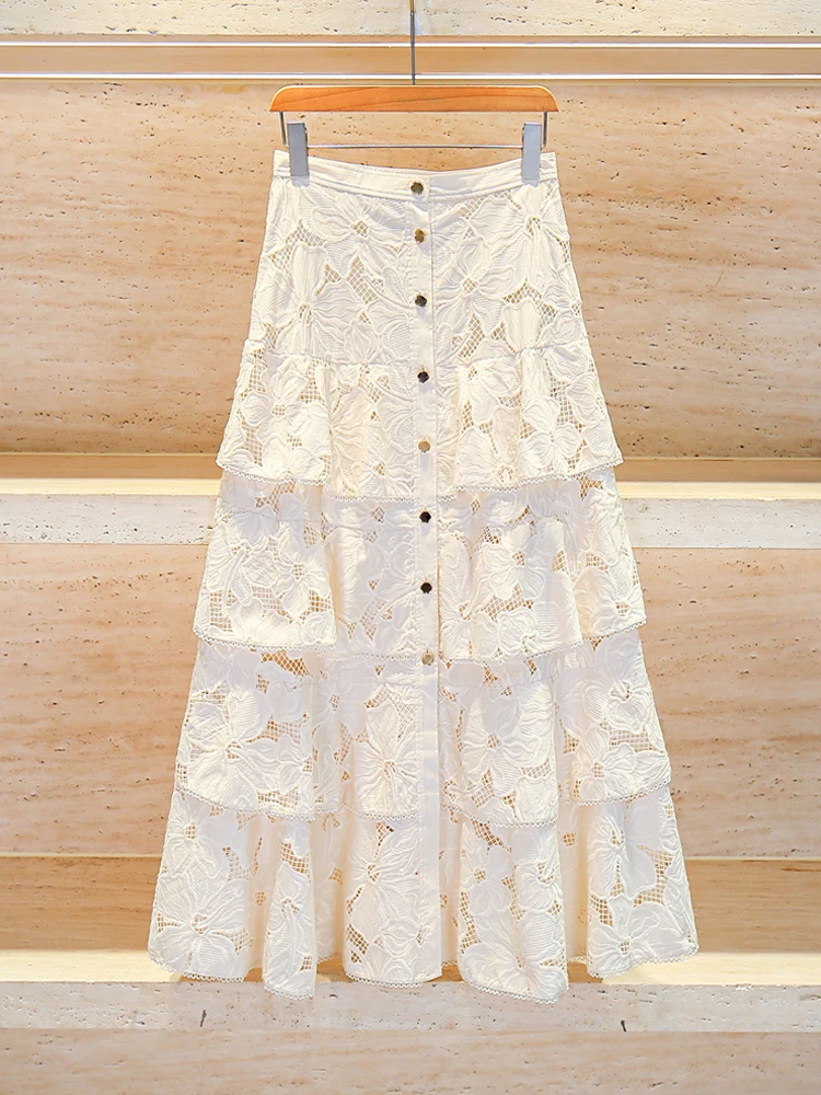 

Ele Embroidered Hollow out Lace Skirt Gentle Summer Sle High Waist Cake Skirt Long A-Line Skirt for Young Women