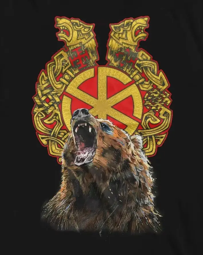 Slavic Kolovrat Sun Wheel and Bear Amulets Russian Orthodox T-Shirt. Summer Cotton Short Sleeve O-Neck Mens T Shirt New S-3XL