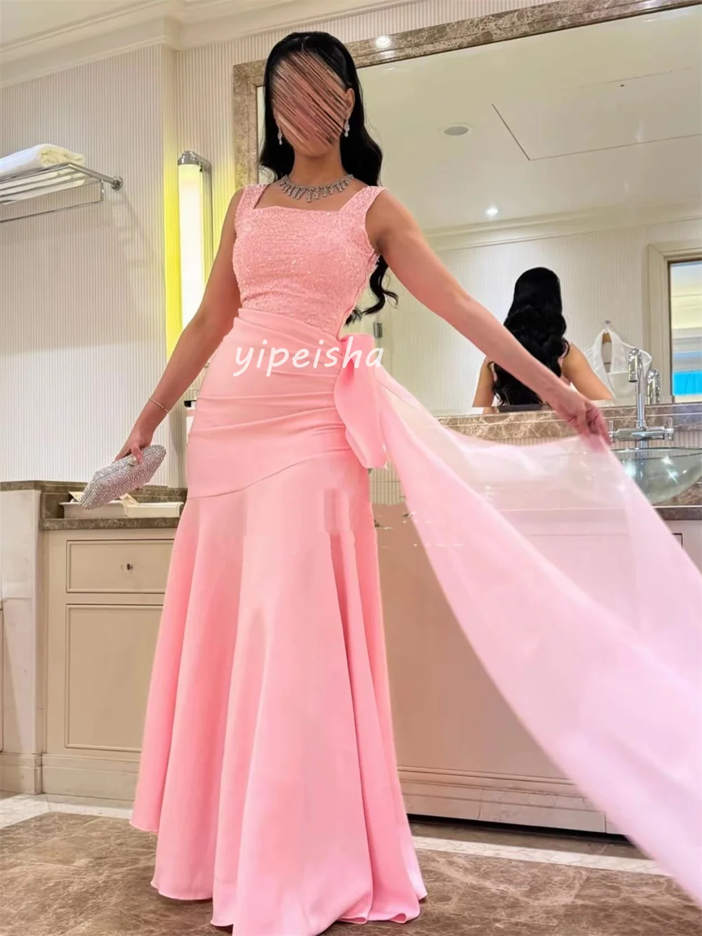 Customized Fashion Matching Jersey Beading Sequined Bow Mermaid Square Neck Long Dresses Bespoke Occasion Dresses High Quality