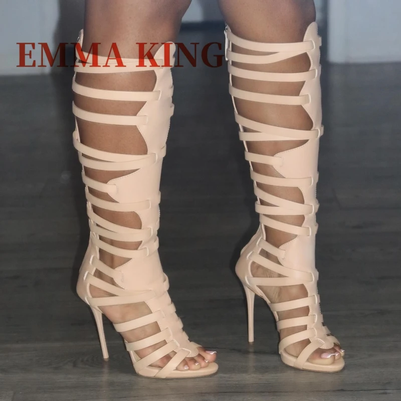 الصيف الرجعية المفتوحة تو صنادل طراز جلاديتور عالية الكعب مثير خنجر الجانب سستة أحذية الحفلات موضة فستان أنيق الصنادل للنساء